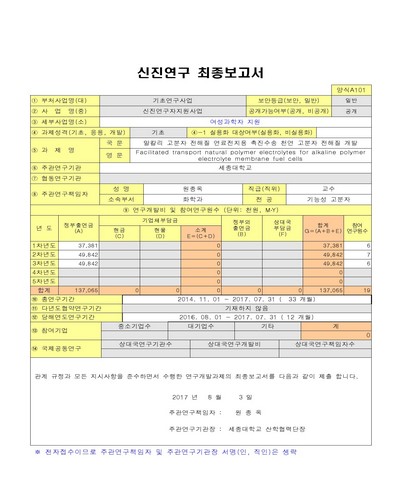 알칼리 고분자 전해질 연료전지용 촉진수송 천연 고분자 전해질 개발 [전자자료]